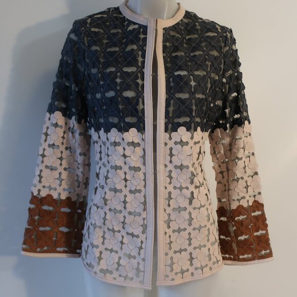 Caban Romantic Navy Blush Brown Laser Cut Leather Applications Jacket 48 US/XL - Picture 1 of 11